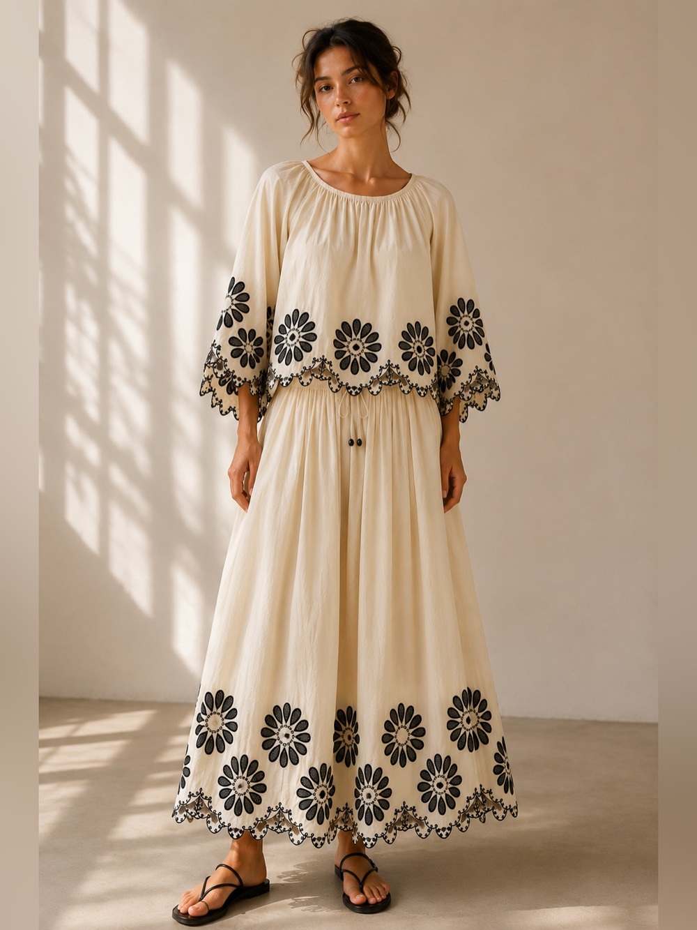 #302 Cream Maxi Skirt with Black Floral Embroidery - Picture 1 of 1